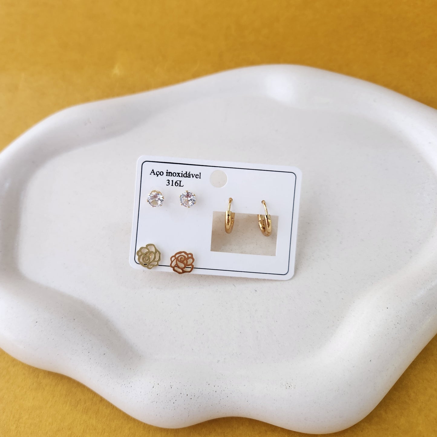 Kit 3 pares de brincos dourado aço Inoxidável 316L