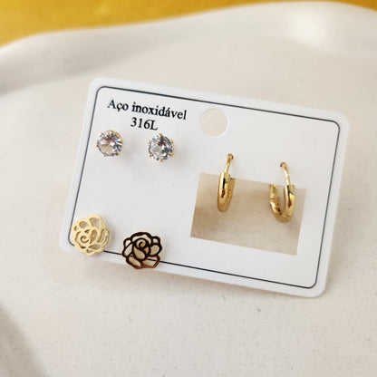Kit 3 pares de brincos dourado aço Inoxidável 316L