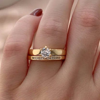 kit aliança cravejada e solitário zircônias folheados a ouro 18k