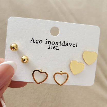 kit 3 pares de brincos delicado aço inoxidável dourado